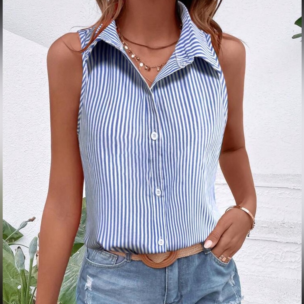 New Striped Sleeveless button down Blue Top